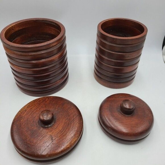Vintage 50s 60s Wood Canisters Set Brown Cylindrical with Covers Lot of 2 - Picture 2 of 7